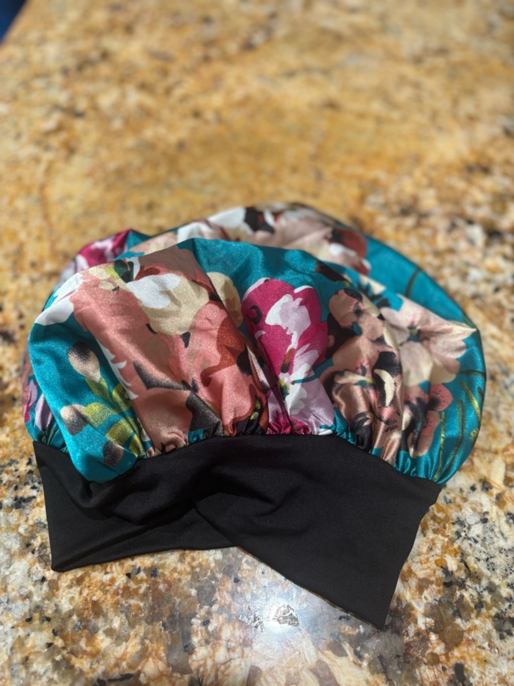 Floral Satin sleep bonnet with Black Band - Green floral design